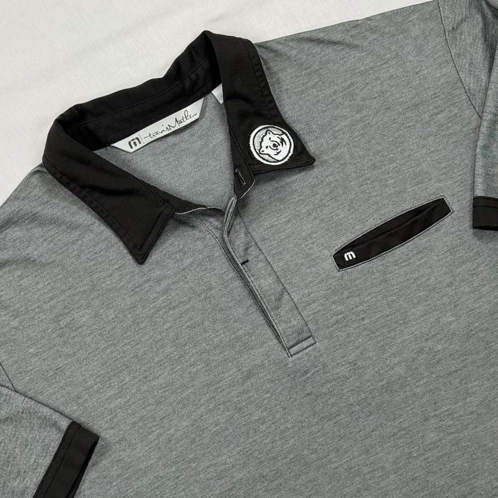 TravisMathew Gray Black Polo Shirt Men‎ XL Bear Patch Collar Chest Pocket Golf